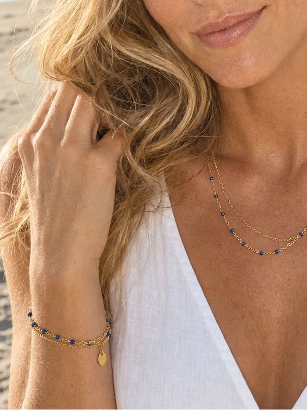 Plunder ‘Posse’ Blue Beaded Double Chain Bracelet Gold NWT
